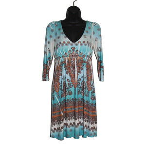 Ophelia Women's XS Boho Paisley Dress Turquoise Orange Long Sleeve